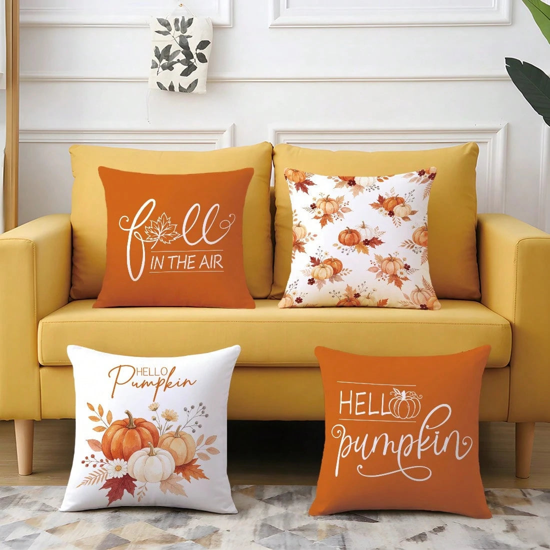 Autumn Watercolor Plant & Pumpkin With Text Cushion Cover 4-Piece Set, Single-Sided Print Skin-Friendly Peach Skin Velvet Material, 45*45CM Pillow Covers Suitable For Indoor Decor, Party Decoration, D