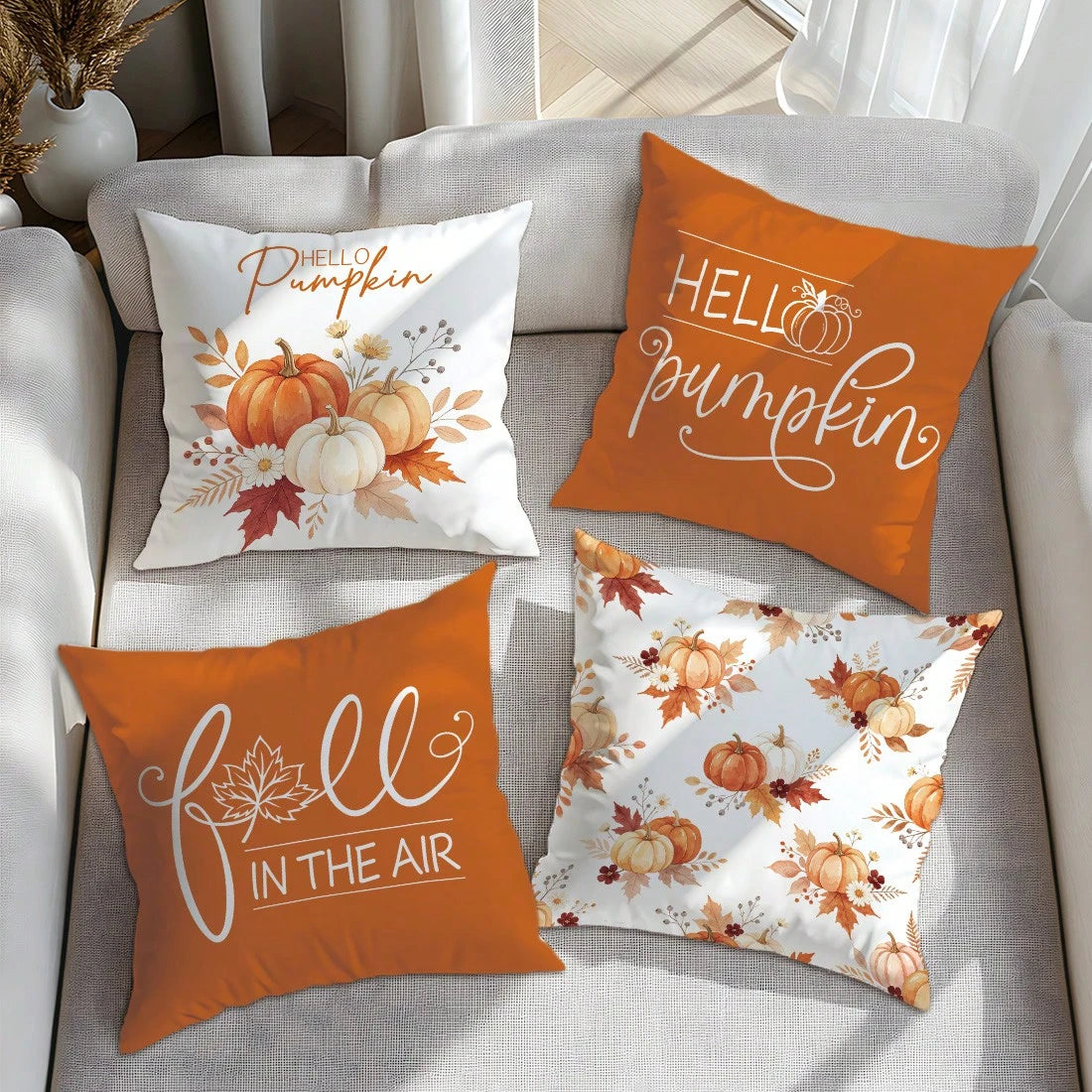 Autumn Watercolor Plant & Pumpkin With Text Cushion Cover 4-Piece Set, Single-Sided Print Skin-Friendly Peach Skin Velvet Material, 45*45CM Pillow Covers Suitable For Indoor Decor, Party Decoration, D