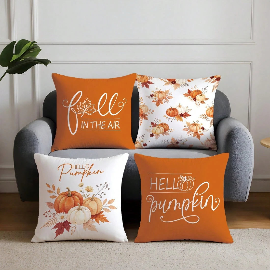 Autumn Watercolor Plant & Pumpkin With Text Cushion Cover 4-Piece Set, Single-Sided Print Skin-Friendly Peach Skin Velvet Material, 45*45CM Pillow Covers Suitable For Indoor Decor, Party Decoration, D