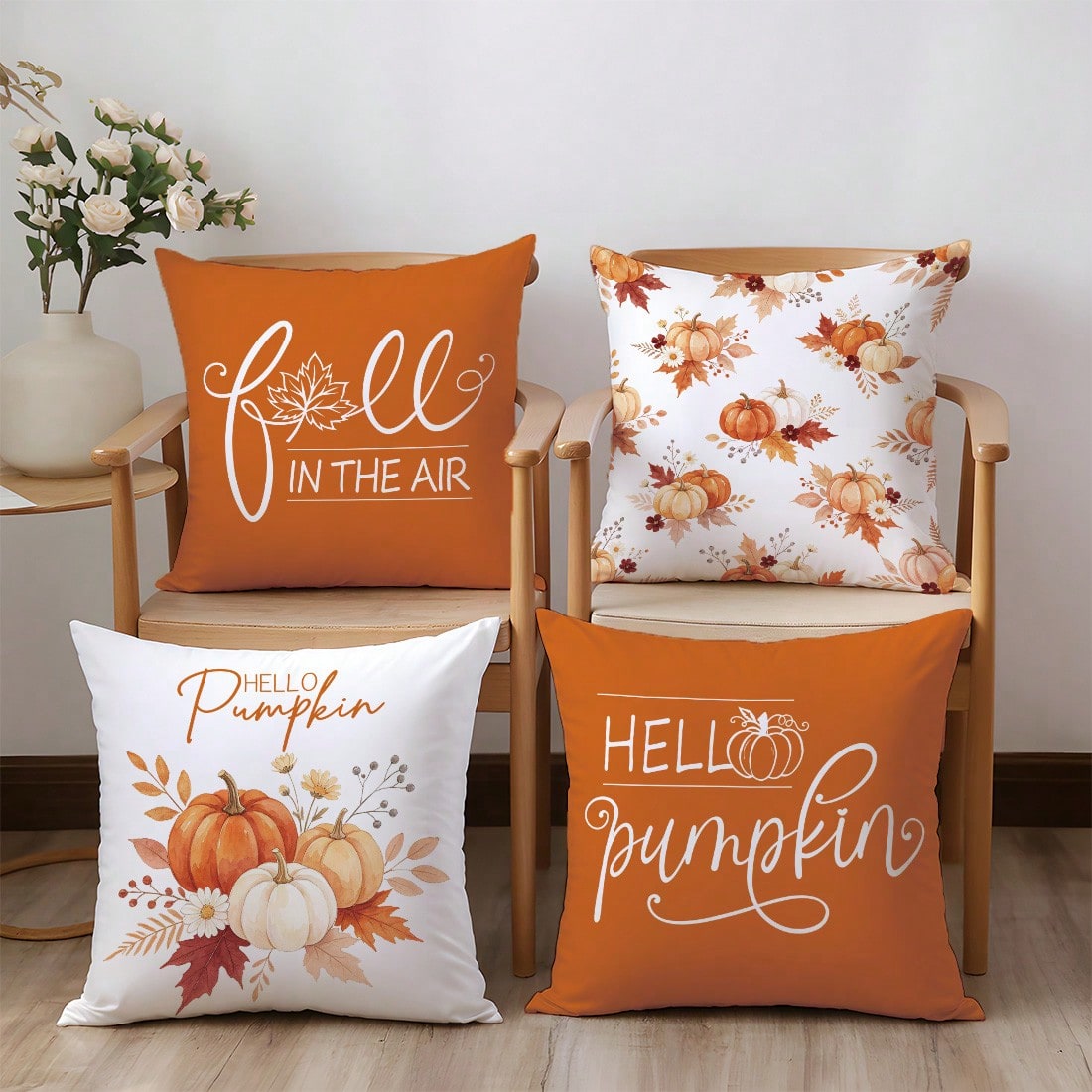 Autumn Watercolor Plant & Pumpkin With Text Cushion Cover 4-Piece Set, Single-Sided Print Skin-Friendly Peach Skin Velvet Material, 45*45CM Pillow Covers Suitable For Indoor Decor, Party Decoration, D