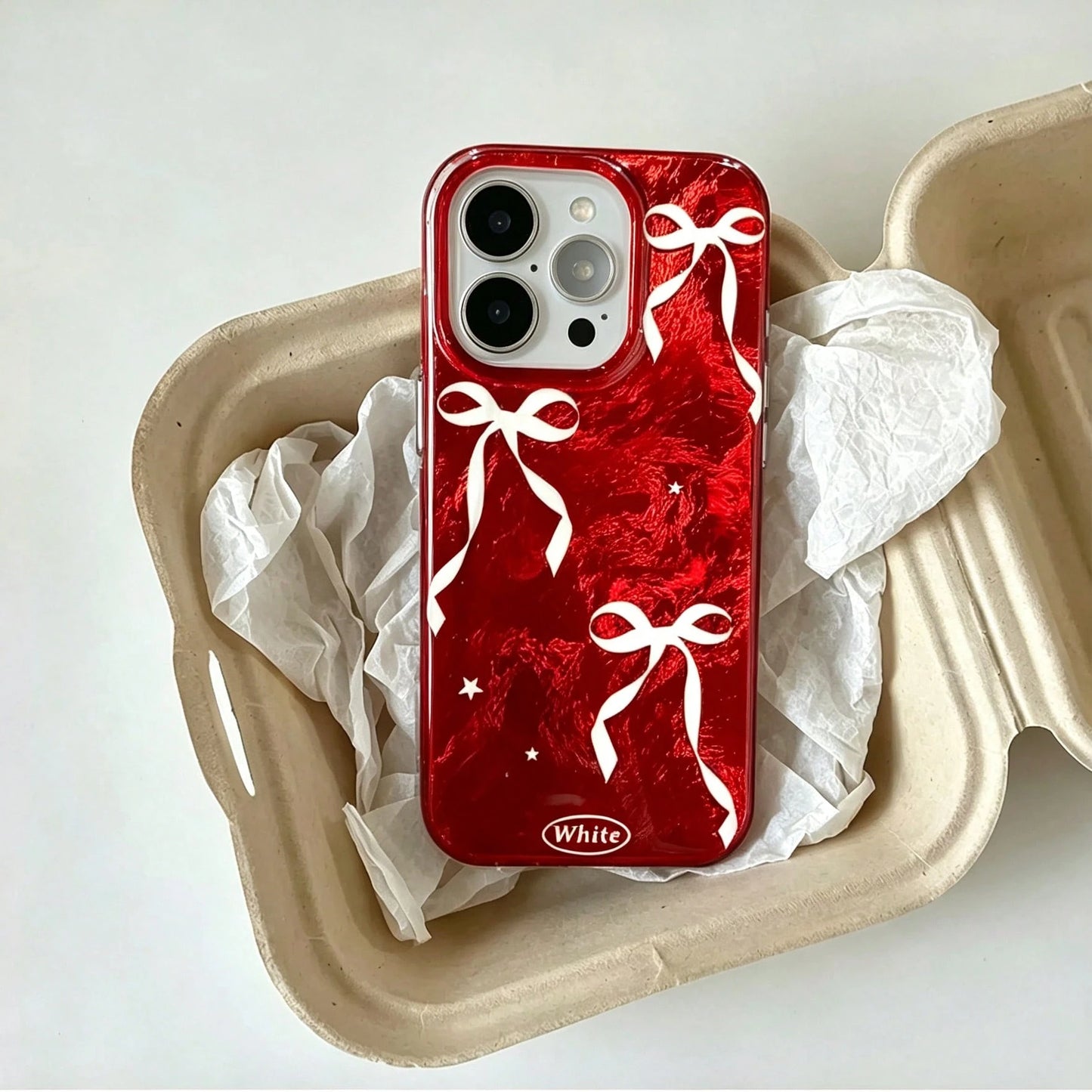 Autumn/Winter Christmas Red Background White Bowknot Glacier Pattern Anti-Fall Protective Phone Case Compatible With Apple 16/ 15 Pro Max/14/13/12