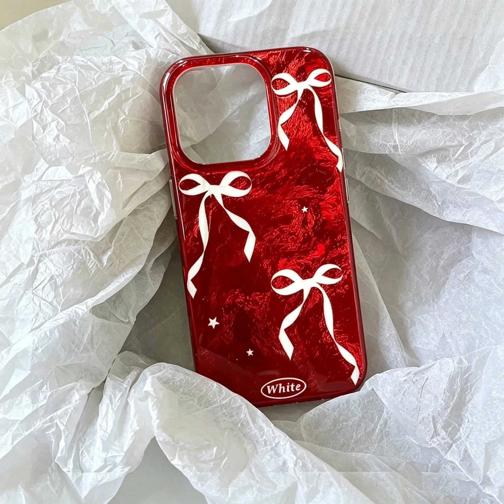Autumn/Winter Christmas Red Background White Bowknot Glacier Pattern Anti-Fall Protective Phone Case Compatible With Apple 16/ 15 Pro Max/14/13/12