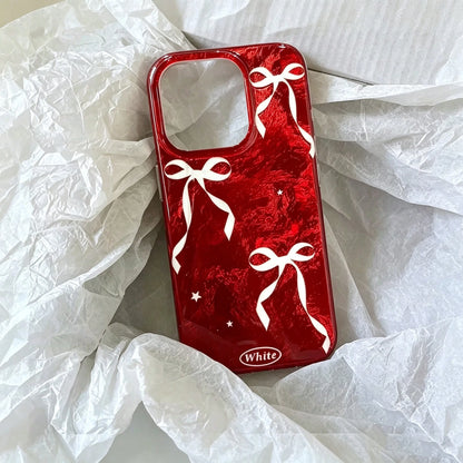 Autumn/Winter Christmas Red Background White Bowknot Glacier Pattern Anti-Fall Protective Phone Case Compatible With Apple 16/ 15 Pro Max/14/13/12