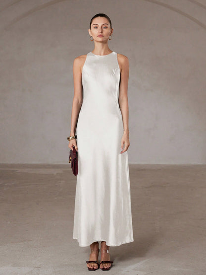 Aveloria Modichic Minimalist Elegant Asymmetric Hem Double-Sided Satin-Like Acetate Fabric A-Line Sleeveless Dress For Women