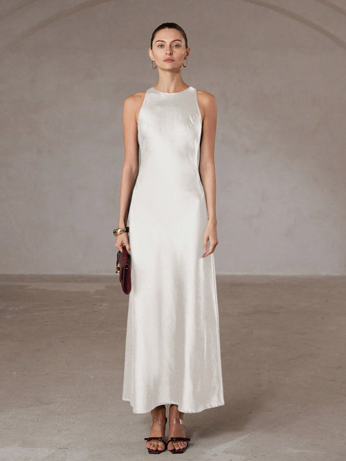 Aveloria Modichic Minimalist Elegant Asymmetric Hem Double-Sided Satin-Like Acetate Fabric A-Line Sleeveless Dress For Women