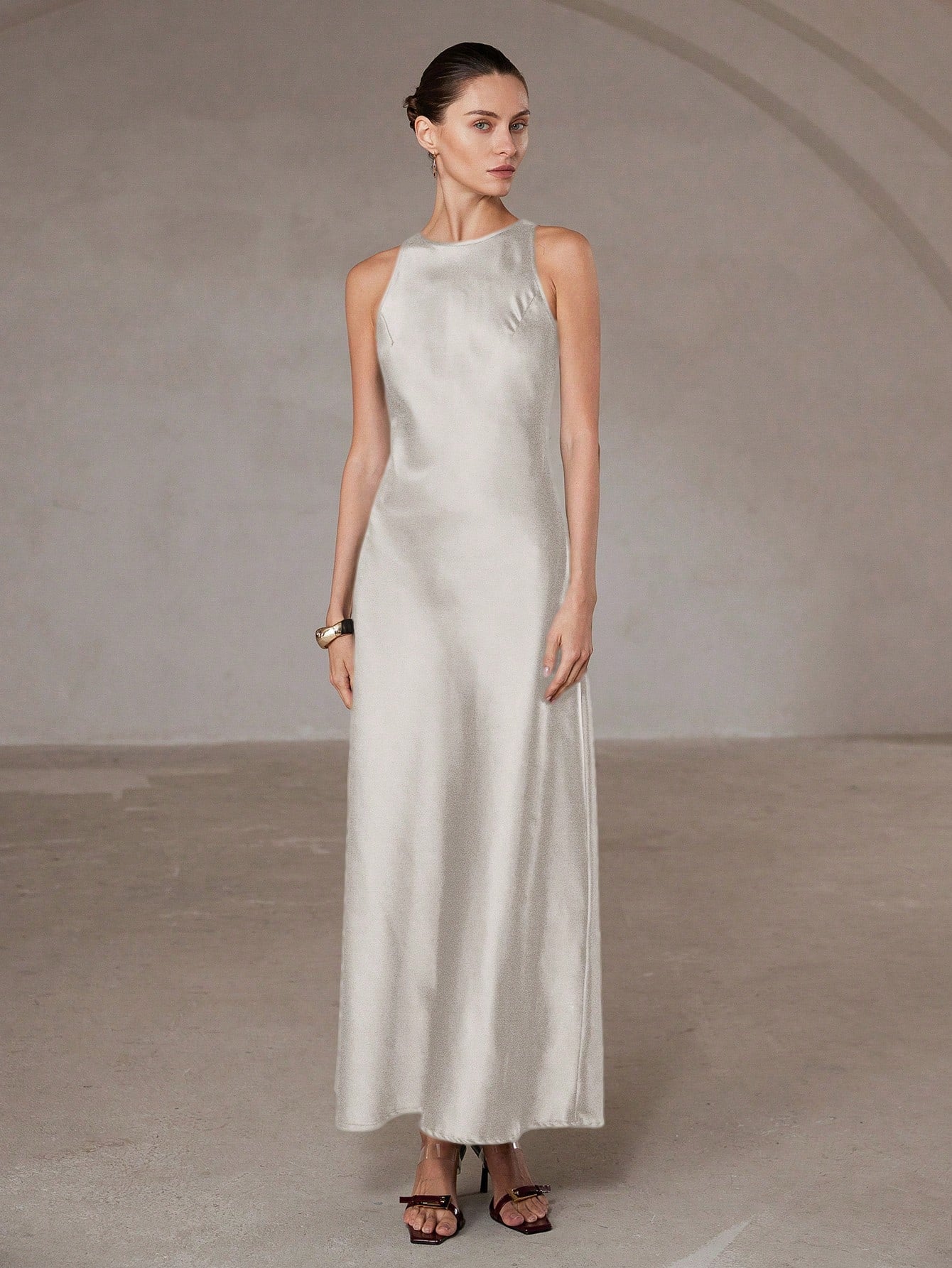 Aveloria Modichic Minimalist Elegant Asymmetric Hem Double-Sided Satin-Like Acetate Fabric A-Line Sleeveless Dress For Women