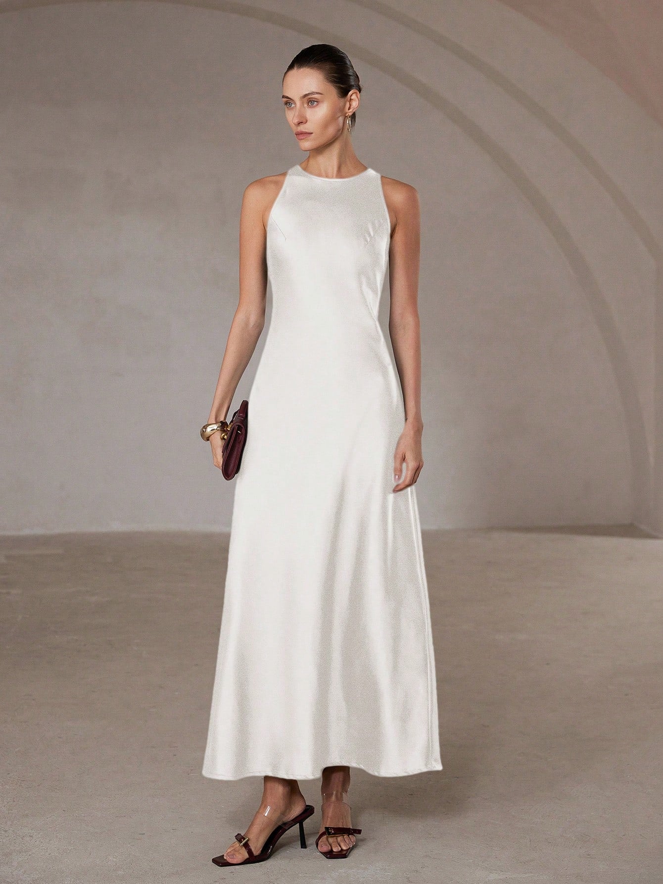 Aveloria Modichic Minimalist Elegant Asymmetric Hem Double-Sided Satin-Like Acetate Fabric A-Line Sleeveless Dress For Women