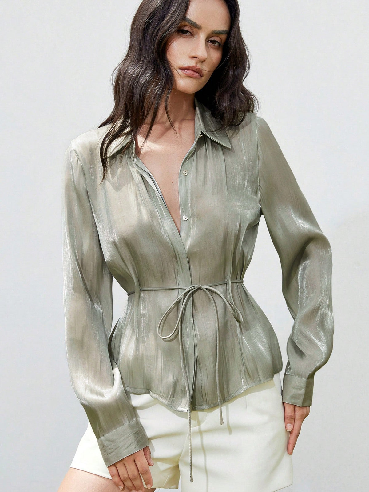 Aveloria Modichic Sage Green Elegant Work Blouse For Women,Simple Chic Summer Collared Long Sleeve Shiny Satin Belt Waist Cinched Silhouette Fall Fashion Cloth