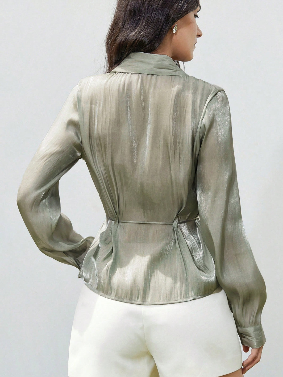 Aveloria Modichic Sage Green Elegant Work Blouse For Women,Simple Chic Summer Collared Long Sleeve Shiny Satin Belt Waist Cinched Silhouette Fall Fashion Cloth