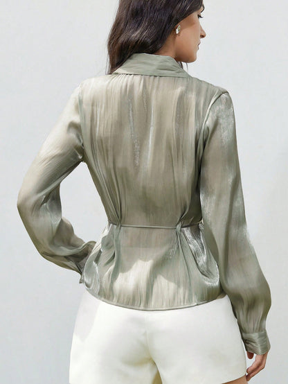 Aveloria Modichic Sage Green Elegant Work Blouse For Women,Simple Chic Summer Collared Long Sleeve Shiny Satin Belt Waist Cinched Silhouette Fall Fashion Cloth