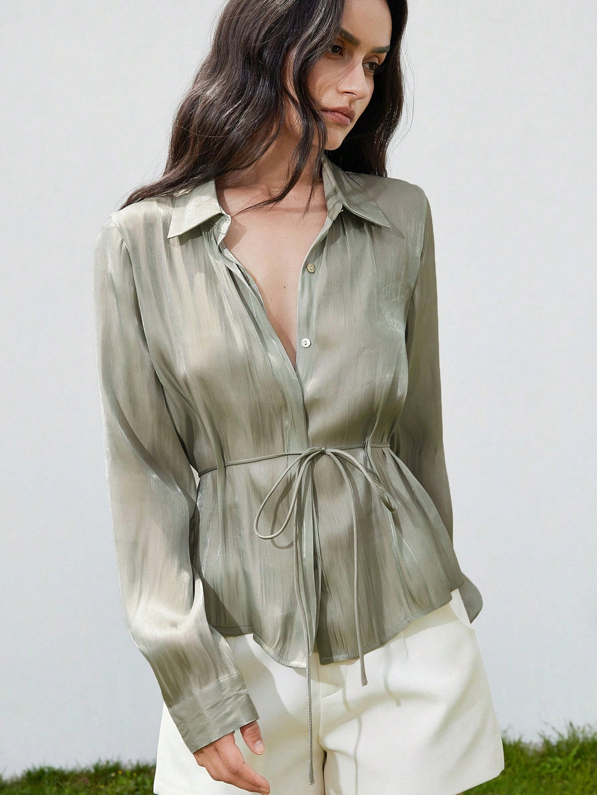 Aveloria Modichic Sage Green Elegant Work Blouse For Women,Simple Chic Summer Collared Long Sleeve Shiny Satin Belt Waist Cinched Silhouette Fall Fashion Cloth