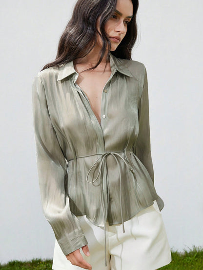 Aveloria Modichic Sage Green Elegant Work Blouse For Women,Simple Chic Summer Collared Long Sleeve Shiny Satin Belt Waist Cinched Silhouette Fall Fashion Cloth
