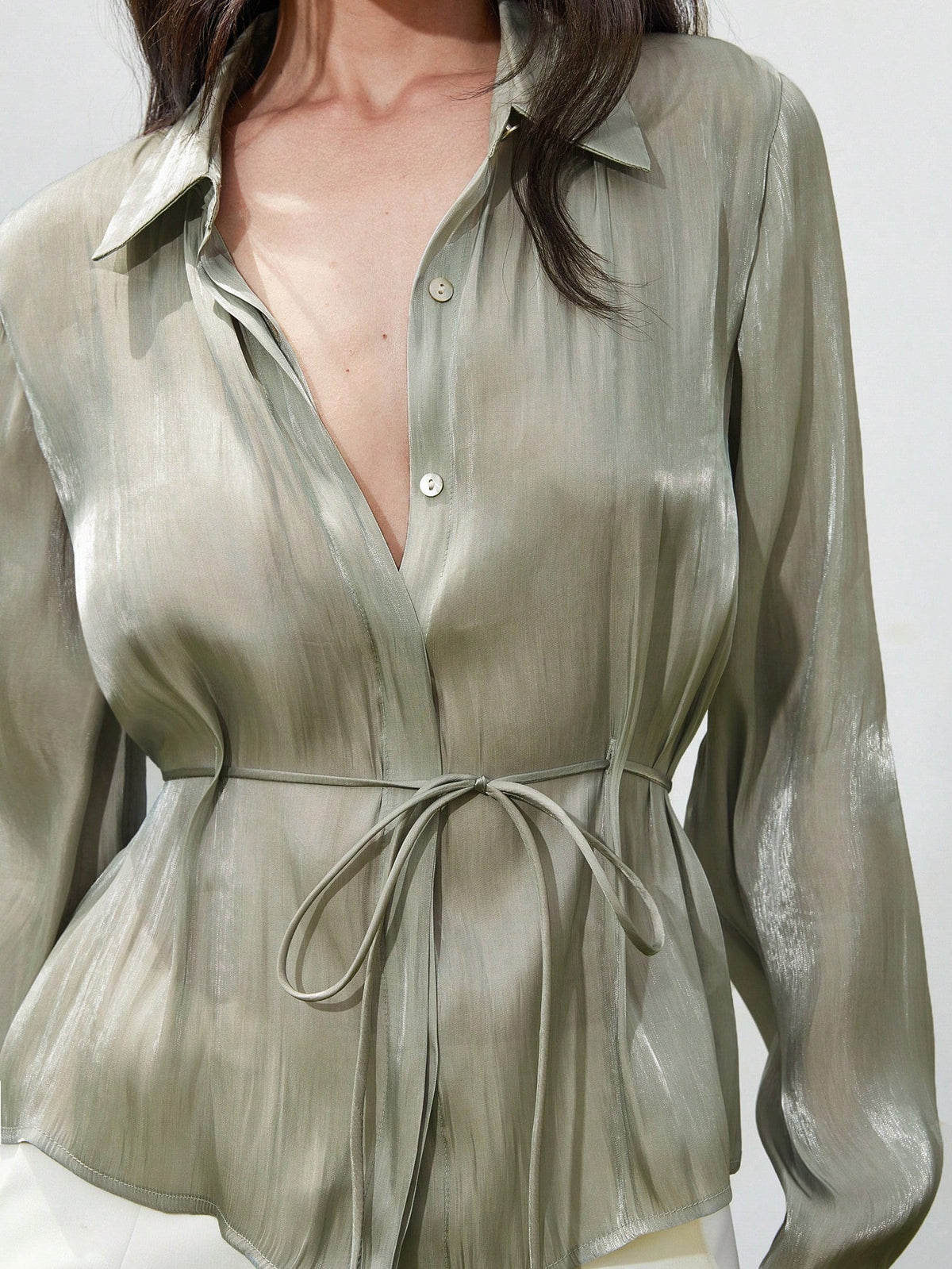 Aveloria Modichic Sage Green Elegant Work Blouse For Women,Simple Chic Summer Collared Long Sleeve Shiny Satin Belt Waist Cinched Silhouette Fall Fashion Cloth
