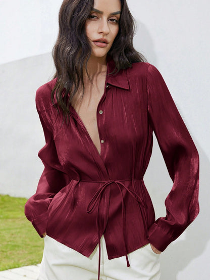 Aveloria Modichic Sage Green Elegant Work Blouse For Women,Simple Chic Summer Collared Long Sleeve Shiny Satin Belt Waist Cinched Silhouette Fall Fashion Cloth