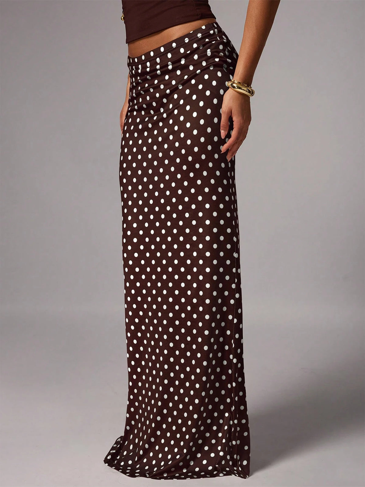 Avenya Elegant Brown And White Polka Dot Knitted Mermaid Skirt With Geometric Ruched Detailing Long Length Day Party Autumn