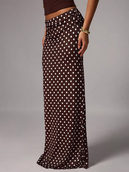 Avenya Elegant Brown And White Polka Dot Knitted Mermaid Skirt With Geometric Ruched Detailing Long Length Day Party Autumn