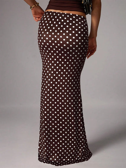 Avenya Elegant Brown And White Polka Dot Knitted Mermaid Skirt With Geometric Ruched Detailing Long Length Day Party Autumn
