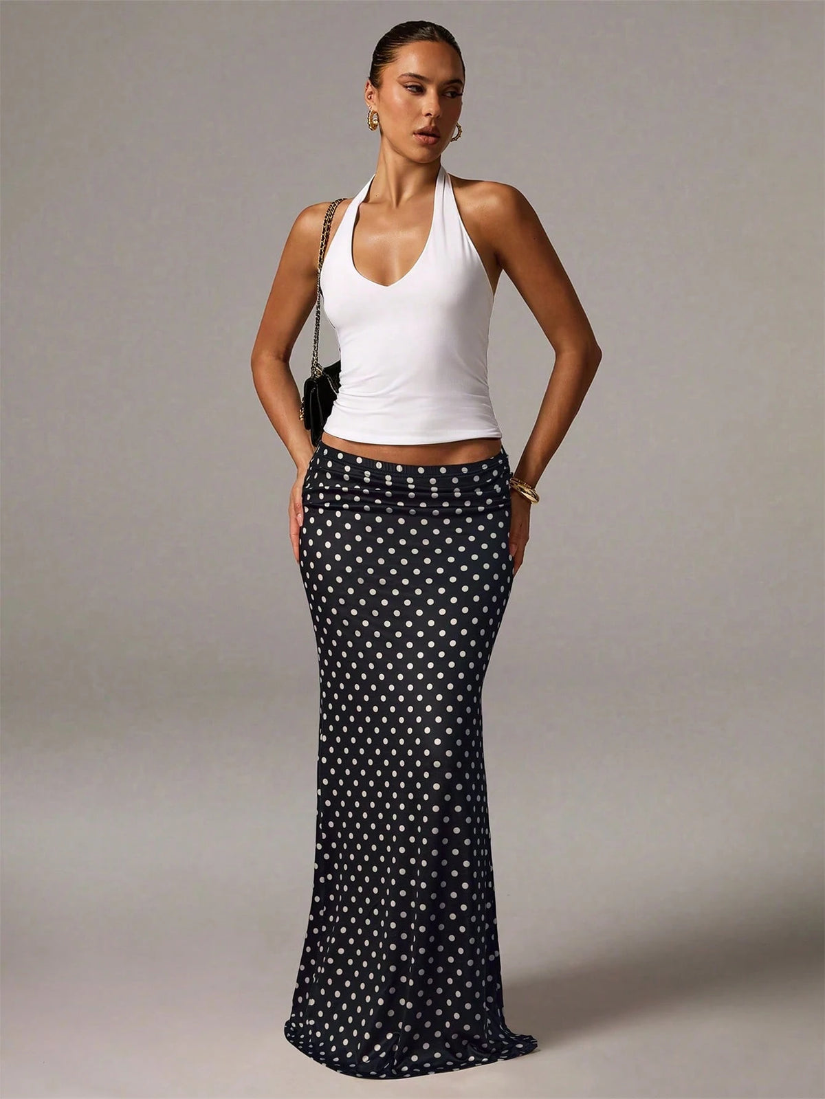 Avenya Elegant Brown And White Polka Dot Knitted Mermaid Skirt With Geometric Ruched Detailing Long Length Day Party Autumn