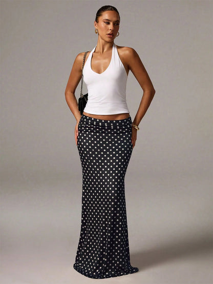 Avenya Elegant Brown And White Polka Dot Knitted Mermaid Skirt With Geometric Ruched Detailing Long Length Day Party Autumn