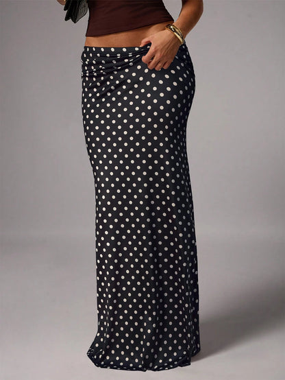 Avenya Elegant Brown And White Polka Dot Knitted Mermaid Skirt With Geometric Ruched Detailing Long Length Day Party Autumn