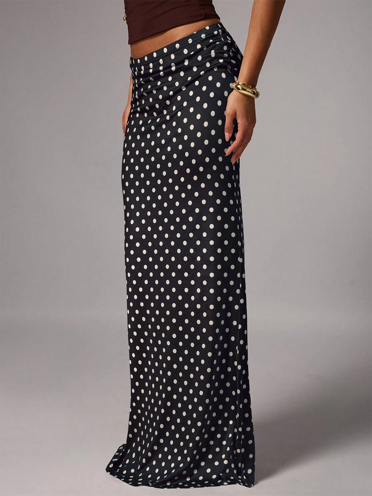 Avenya Elegant Brown And White Polka Dot Knitted Mermaid Skirt With Geometric Ruched Detailing Long Length Day Party Autumn