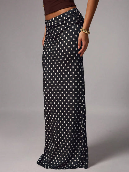 Avenya Elegant Brown And White Polka Dot Knitted Mermaid Skirt With Geometric Ruched Detailing Long Length Day Party Autumn