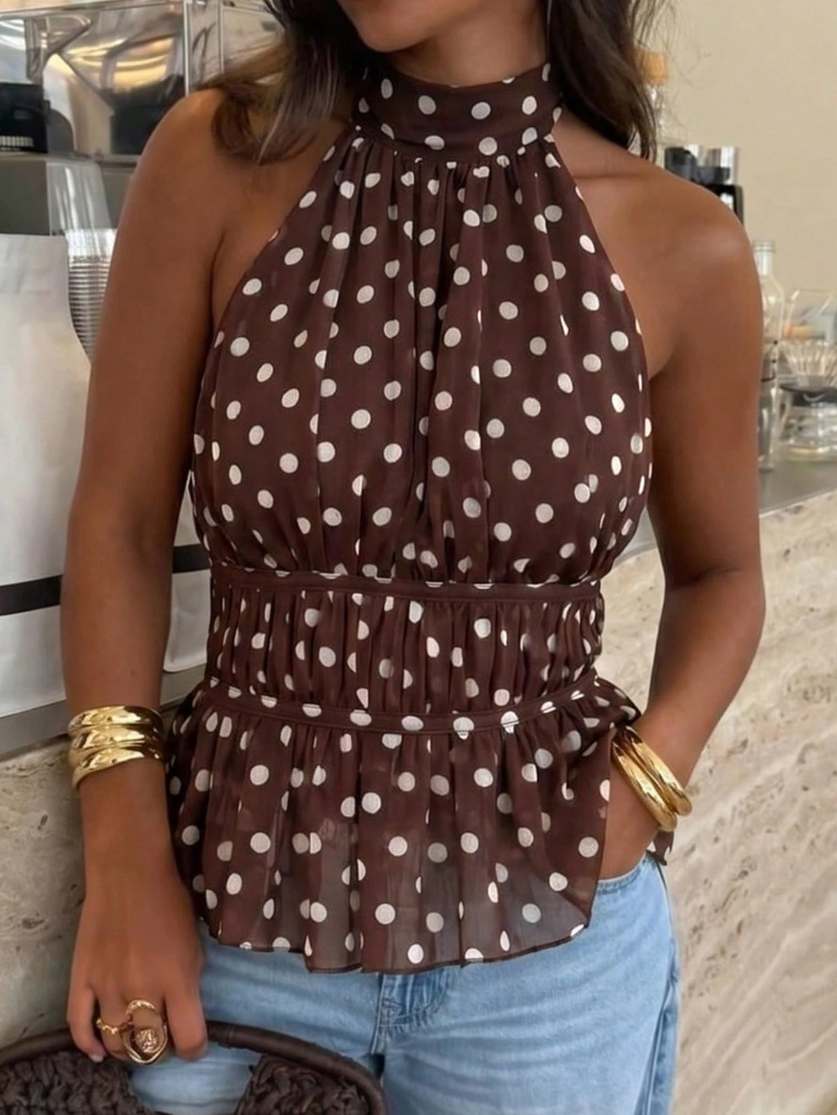 Avenya Women's Brown And White Polka Dot Summer Seksi Chic Party Night Halter Backless Bow Tie Top,Elegant Slim Fitted Sleeveless Vest For Beach Vacation