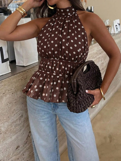 Avenya Women's Brown And White Polka Dot Summer Seksi Chic Party Night Halter Backless Bow Tie Top,Elegant Slim Fitted Sleeveless Vest For Beach Vacation