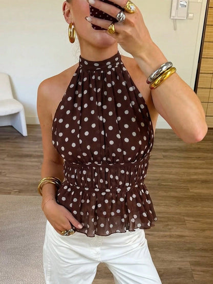 Avenya Women's Brown And White Polka Dot Summer Seksi Chic Party Night Halter Backless Bow Tie Top,Elegant Slim Fitted Sleeveless Vest For Beach Vacation