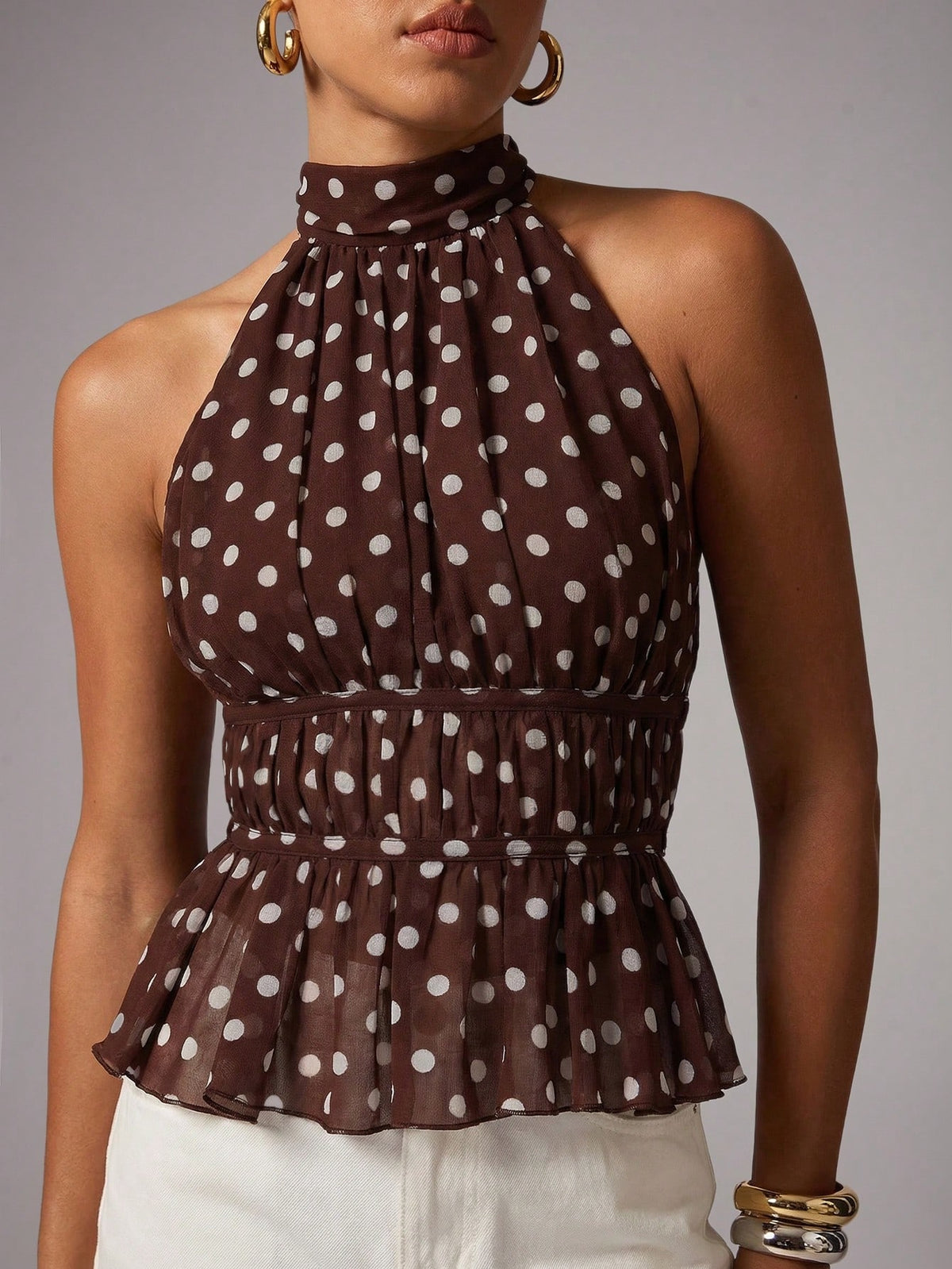 Avenya Women's Brown And White Polka Dot Summer Seksi Chic Party Night Halter Backless Bow Tie Top,Elegant Slim Fitted Sleeveless Vest For Beach Vacation