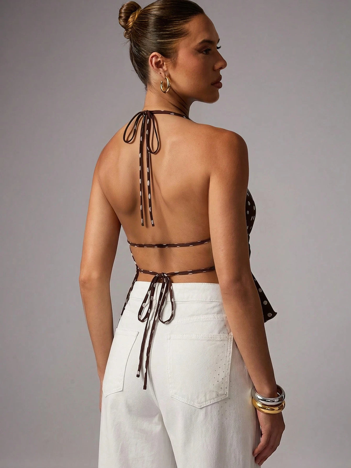 Avenya Women's Brown And White Polka Dot Summer Seksi Chic Party Night Halter Backless Bow Tie Top,Elegant Slim Fitted Sleeveless Vest For Beach Vacation