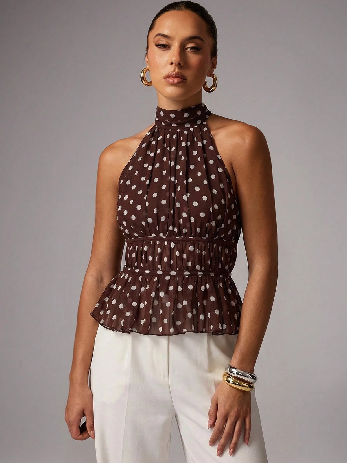 Avenya Women's Brown And White Polka Dot Summer Seksi Chic Party Night Halter Backless Bow Tie Top,Elegant Slim Fitted Sleeveless Vest For Beach Vacation