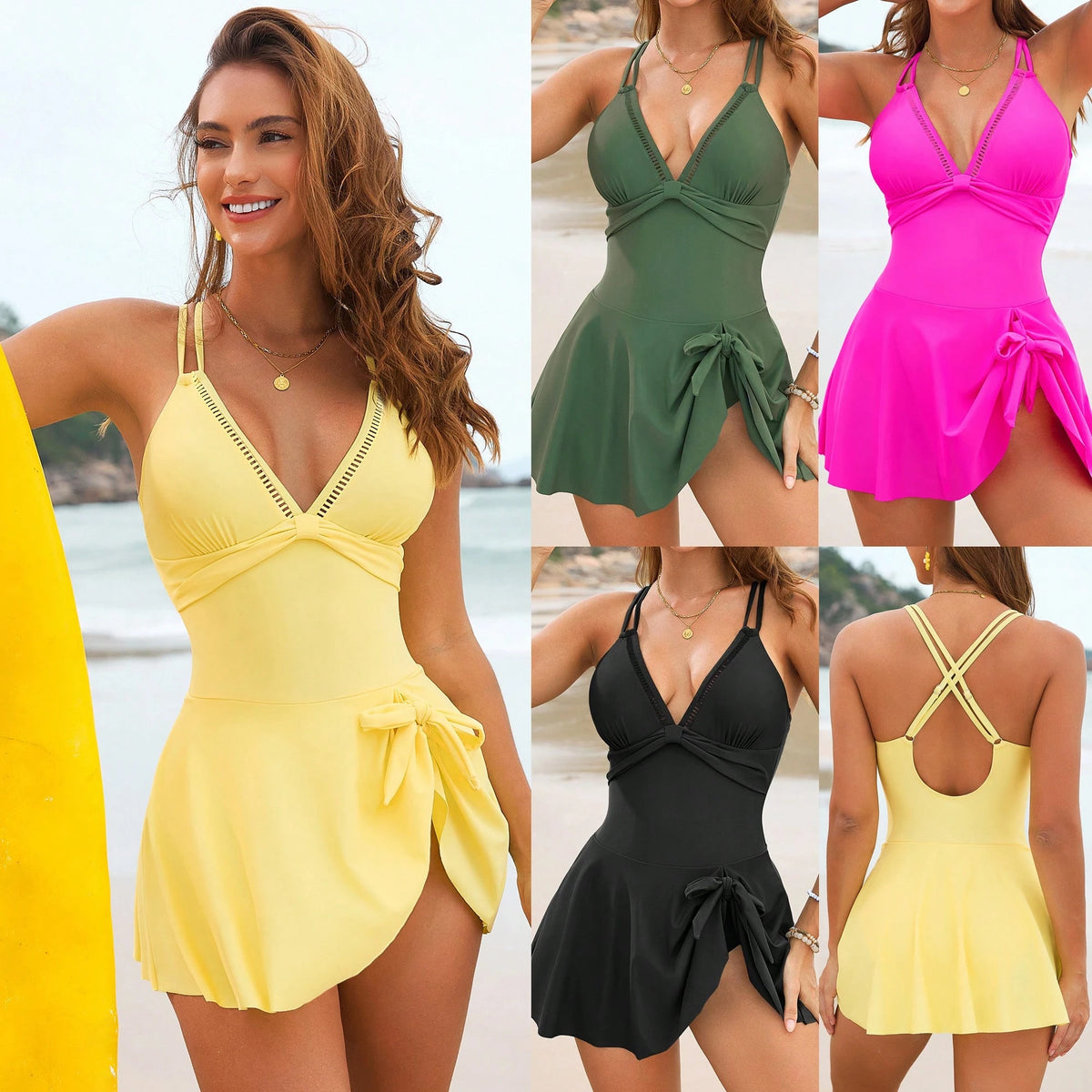 Awevudst Womens One Piece Swimsuit Tummy Control Halter Neck Deep V-Neck Cross Back Bathing Suit Tie Knot Swim Dress Summer Holiday Swimwear Beachwear