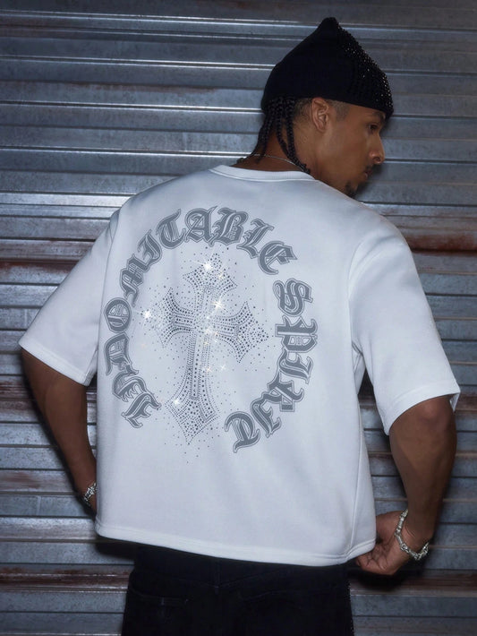 AXEPEAK Men's Casual Loose Short Sleeve T-Shirt, White With Handmade Rhinestone Patch, Summer