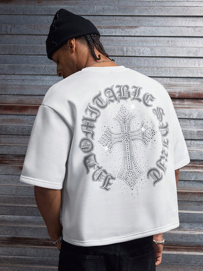 AXEPEAK Men's Casual Loose Short Sleeve T-Shirt, White With Handmade Rhinestone Patch, Summer