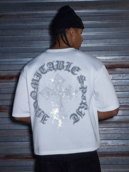 AXEPEAK Men's Casual Loose Short Sleeve T-Shirt, White With Handmade Rhinestone Patch, Summer