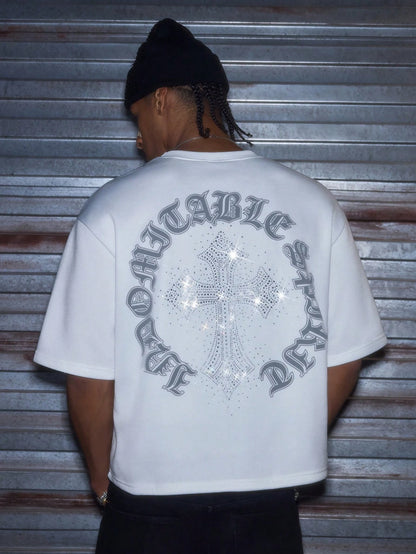 AXEPEAK Men's Casual Loose Short Sleeve T-Shirt, White With Handmade Rhinestone Patch, Summer