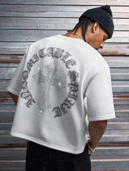 AXEPEAK Men's Casual Loose Short Sleeve T-Shirt, White With Handmade Rhinestone Patch, Summer