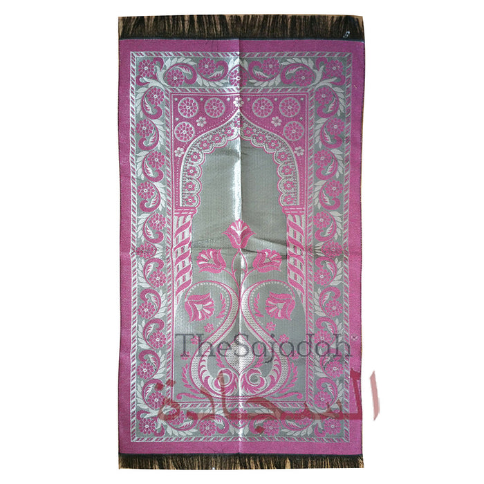 Aydin Dark Pink Extra Thin Chrome Flowers Pointed Arch Way Salat Rug - Perfect For Travel 65x 114cm