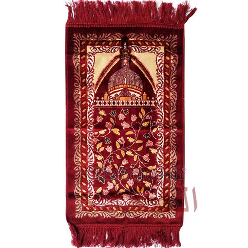 Aydin Extra Small Mini Kid's Prayer Rug Solid Maroon Mosque Design 14x 25 In (35x 63 cm) Islamic Salat Ja Namaz