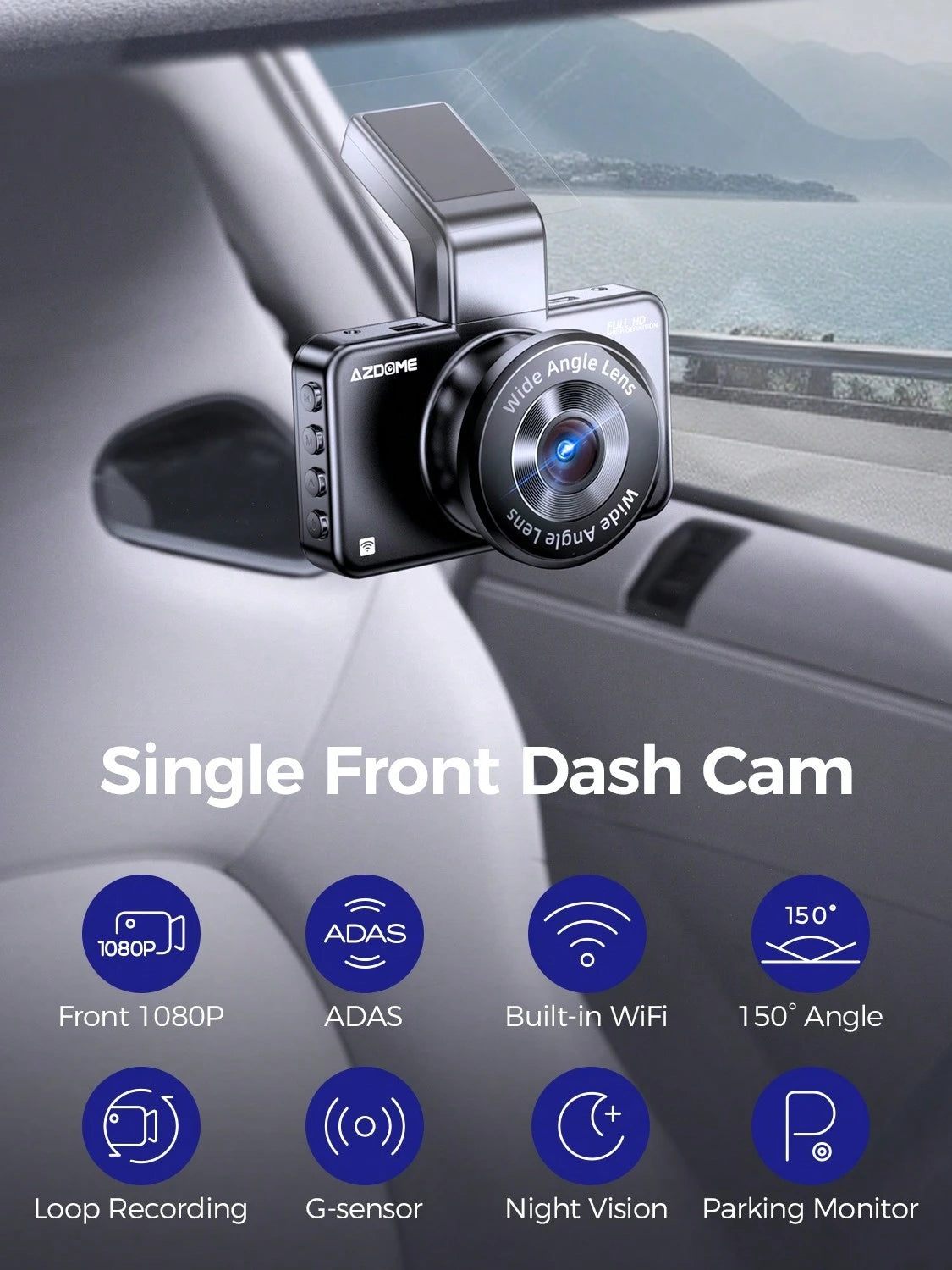 AZDOME 3 Inch WiFi Dash Cam, Full HD 1080P Car Driving Recorder, Smart Dash Camera With Driving Assistant ADAS, Gravity Sensor, Loop Recording, Night Vision, Parking Monitor