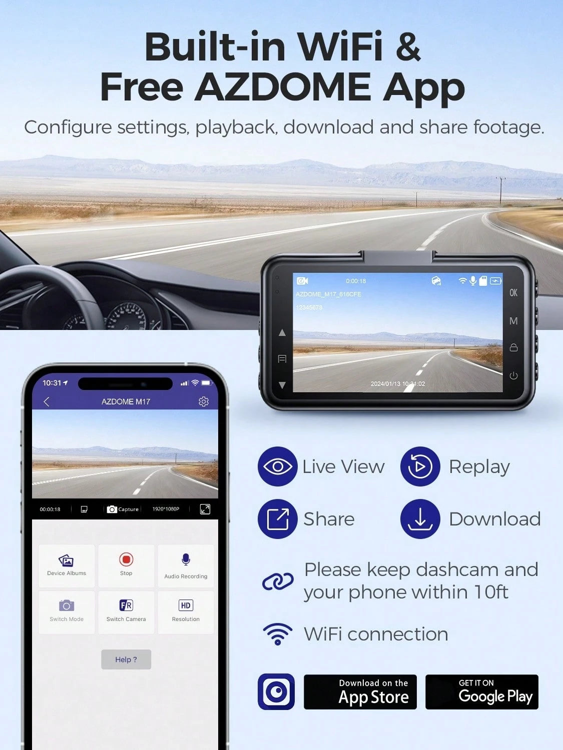 AZDOME 3 Inch WiFi Dash Cam, Full HD 1080P Car Driving Recorder, Smart Dash Camera With Driving Assistant ADAS, Gravity Sensor, Loop Recording, Night Vision, Parking Monitor