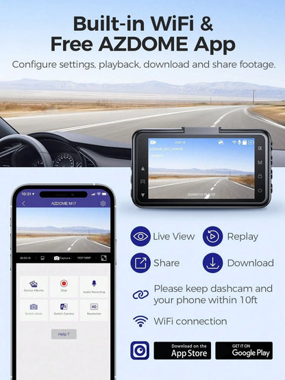 AZDOME 3 Inch WiFi Dash Cam, Full HD 1080P Car Driving Recorder, Smart Dash Camera With Driving Assistant ADAS, Gravity Sensor, Loop Recording, Night Vision, Parking Monitor