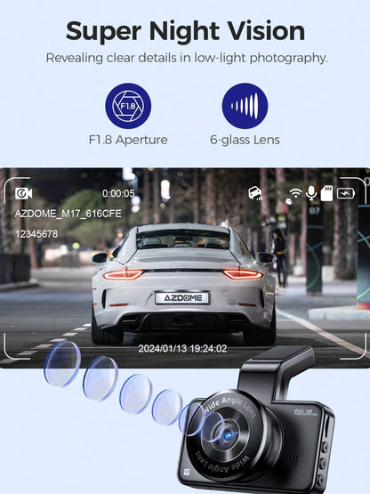 AZDOME 3 Inch WiFi Dash Cam, Full HD 1080P Car Driving Recorder, Smart Dash Camera With Driving Assistant ADAS, Gravity Sensor, Loop Recording, Night Vision, Parking Monitor