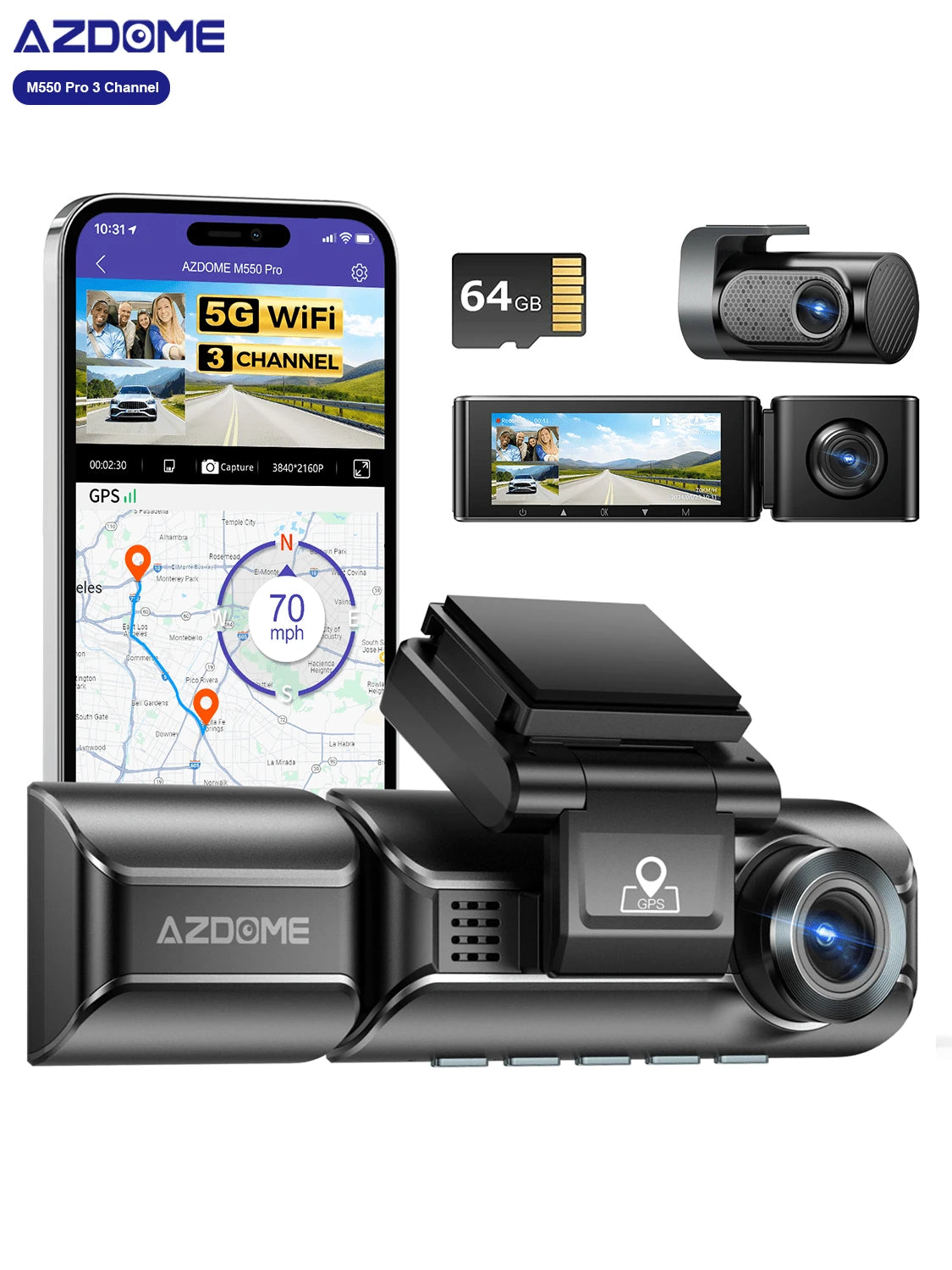Azdome M550 Pro 4K 3 Channel Dash Camera, Built-In 5G WiFi, Dashcam Front And Rear Inside With 3.19" IPS Screen, Included 64GB Card, GPS, IR Night Vision, 24H Parking Mode