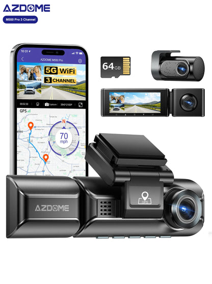 Azdome M550 Pro 4K 3 Channel Dash Camera, Built-In 5G WiFi, Dashcam Front And Rear Inside With 3.19" IPS Screen, Included 64GB Card, GPS, IR Night Vision, 24H Parking Mode