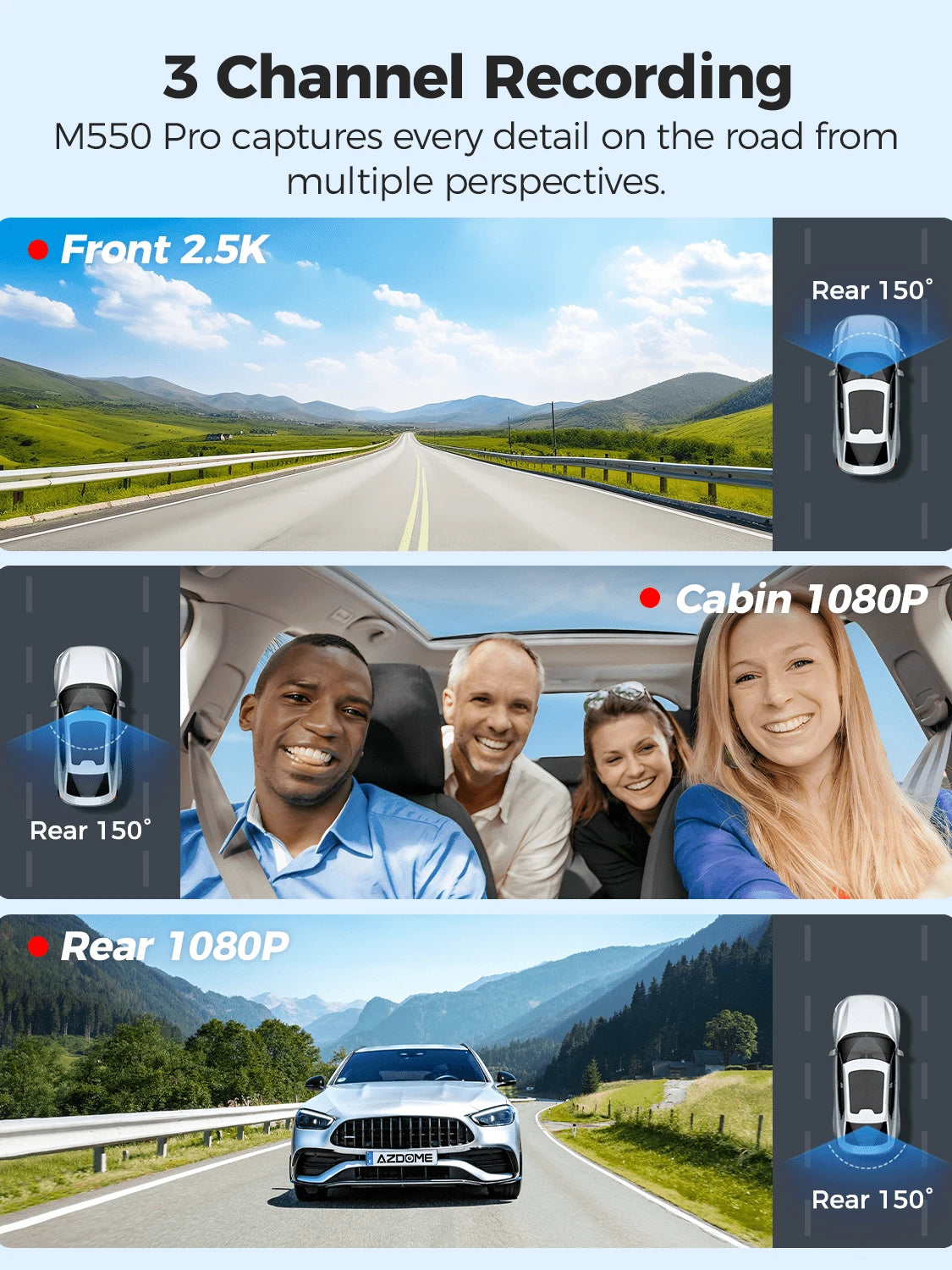 Azdome M550 Pro 4K 3 Channel Dash Camera, Built-In 5G WiFi, Dashcam Front And Rear Inside With 3.19" IPS Screen, Included 64GB Card, GPS, IR Night Vision, 24H Parking Mode