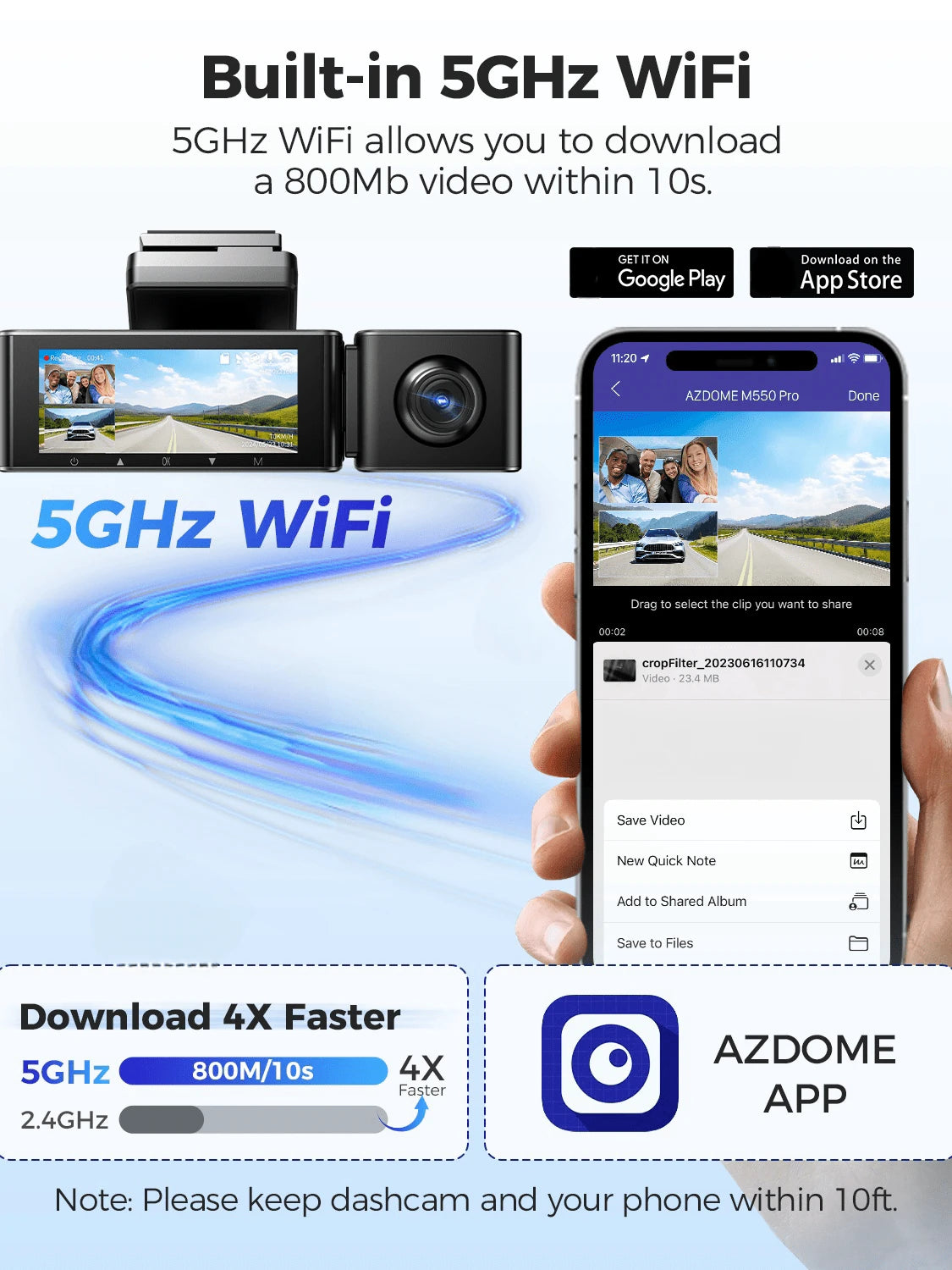 Azdome M550 Pro 4K 3 Channel Dash Camera, Built-In 5G WiFi, Dashcam Front And Rear Inside With 3.19" IPS Screen, Included 64GB Card, GPS, IR Night Vision, 24H Parking Mode