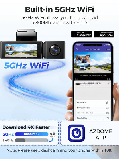 Azdome M550 Pro 4K 3 Channel Dash Camera, Built-In 5G WiFi, Dashcam Front And Rear Inside With 3.19" IPS Screen, Included 64GB Card, GPS, IR Night Vision, 24H Parking Mode