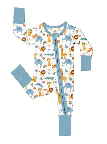 Baby Bamboo Fiber Zip-Up, Zoo Elephants Tigers Giraffes Print Romper, All-Season Knit Fabric Skinny Fit With Zipper Detail, Baby Girl Boy Spring Autumn Clothes, Perfect For Outdoor Sleep Gift.